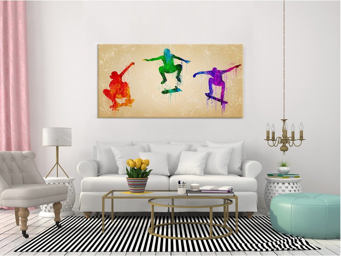 Colourful Skateboarders Silhouettes Watercolour Sports Wall Art Print - Image 2