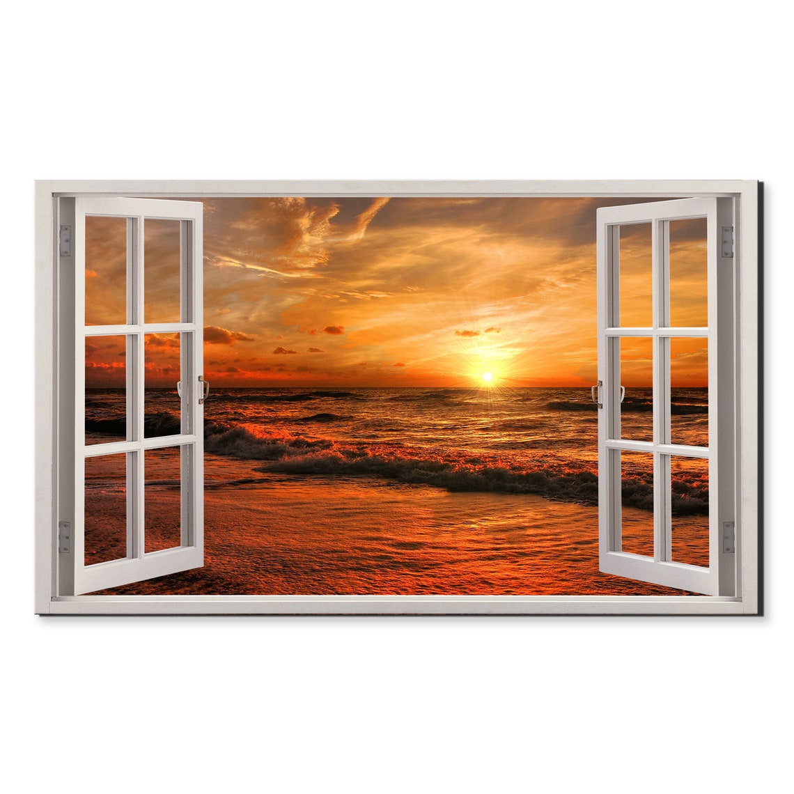 Ocean Sunset Waves Through Open Window Faux Beach View Wall Art Poster