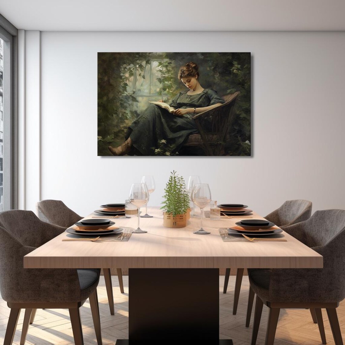 Woman Reading Book In Green Dress Leafy Conservatory Vintage Art Poster - Image 2