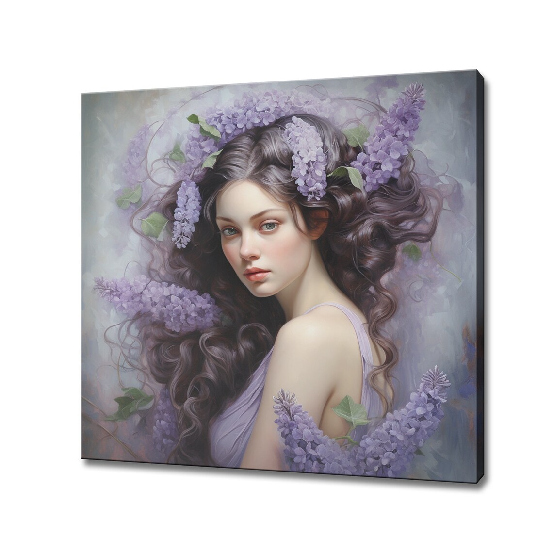 Woman With Lilac Flowers Dreamy Portrait Floral Painting Wall Art
