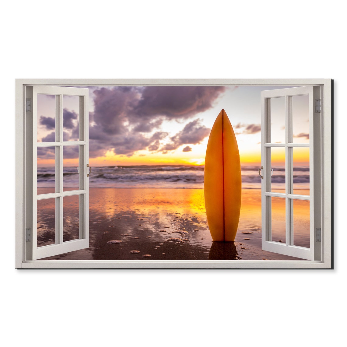 Orange Surfboard Beach Sunset Open Window View Ocean Waves Poster