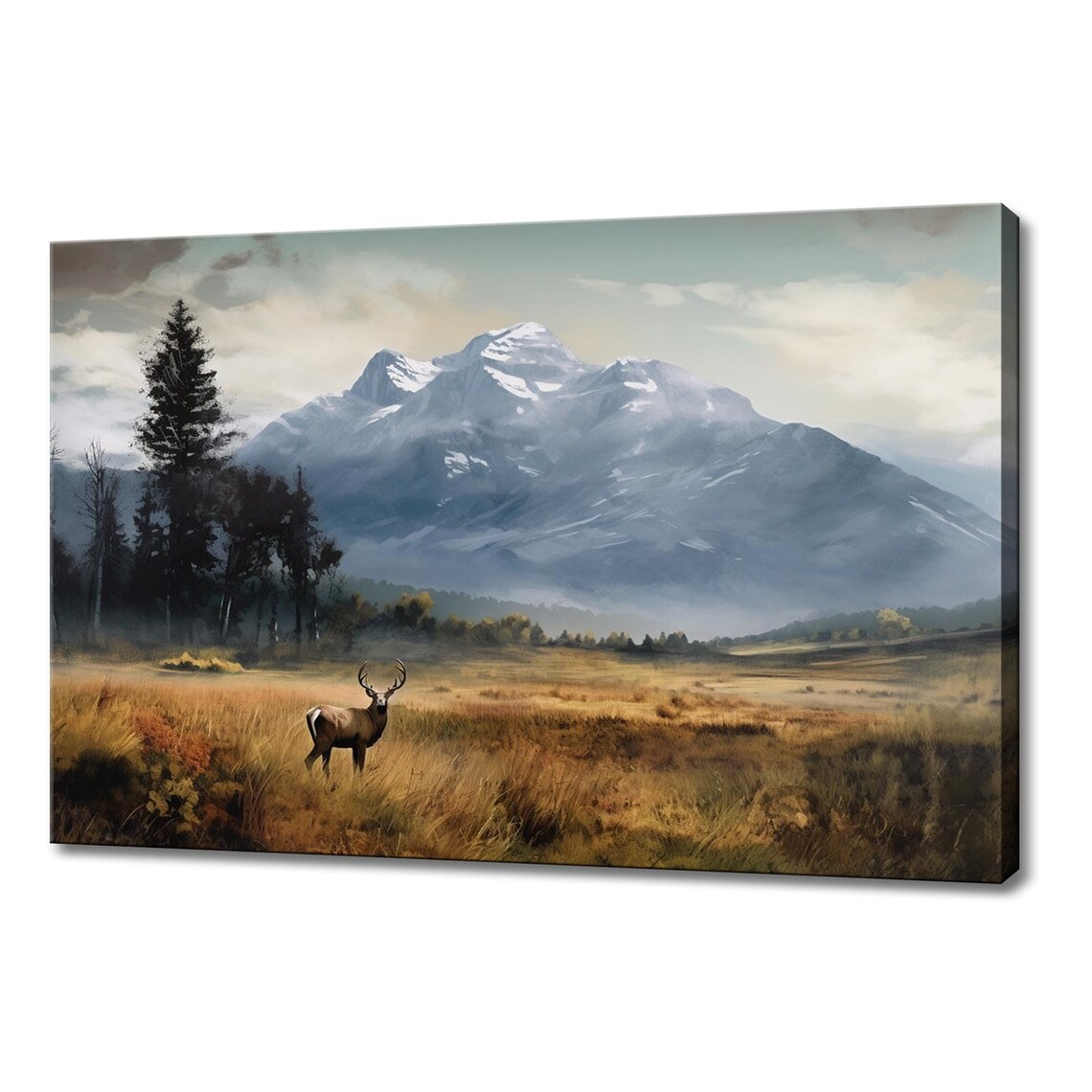 Majestic Stag In Golden Field Snowy Mountains Vintage Wildlife Poster