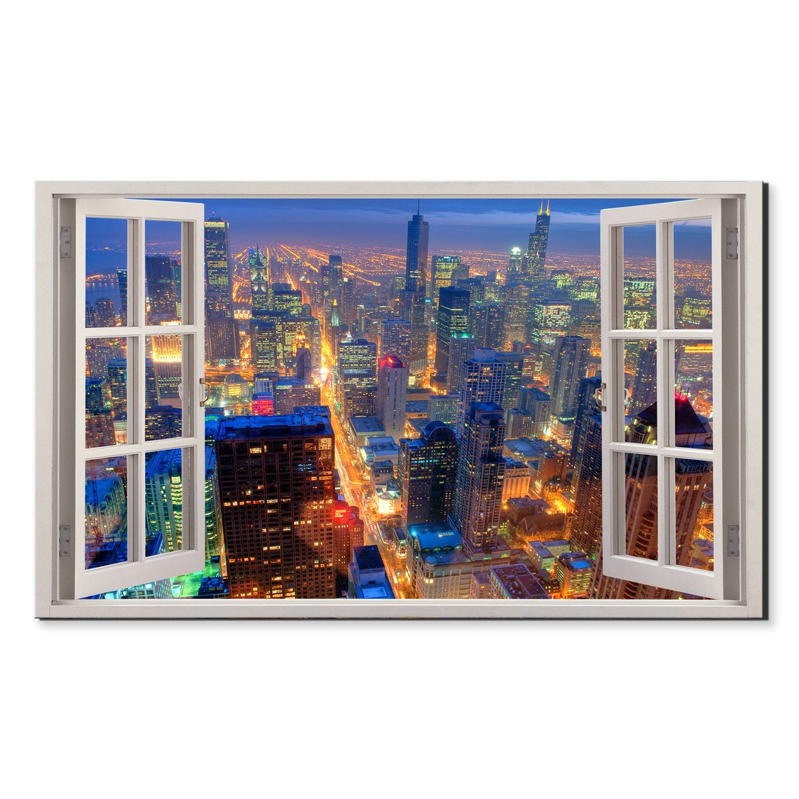 Chicago Skyline Night Lights Through Open Window Illusion Poster