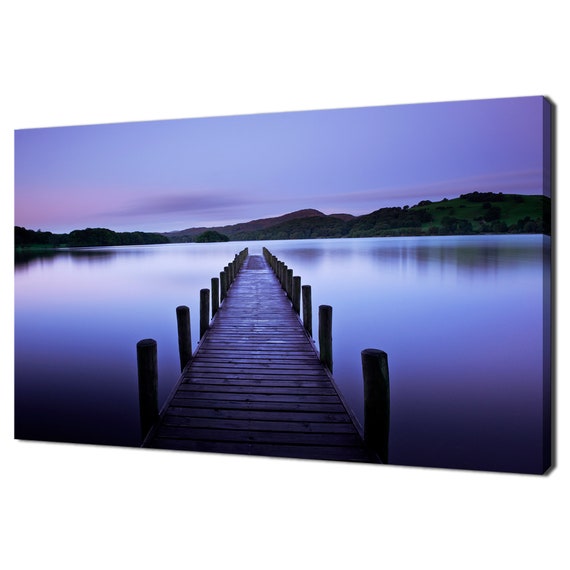 Beautiful Blue Purple Sunrise Pier Jetty And Quiet Calm Lake Modern Design Home Decor Print Wall Art Picture Wall Hanging