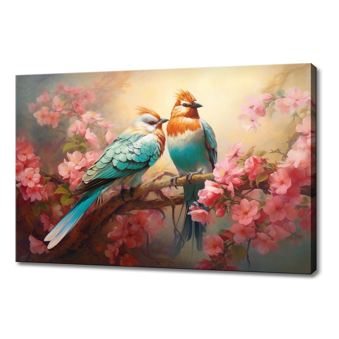 Two Turquoise Orange Birds Cherry Blossom Golden Light Art Poster