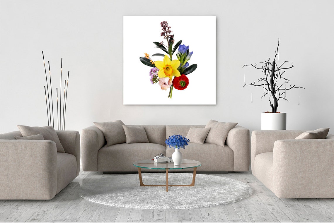 Spring Flower Arrangement On White Daffodil Blue Gentian Print - Image 2