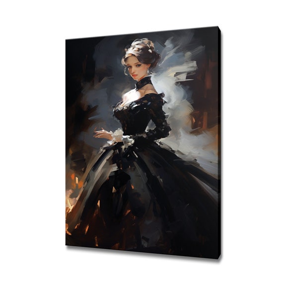 Elegant Lady In Black Baroque Victorian Puffy Dress Painting Style Print Modern Design Home Decor Fashion Wall Art Gift For Her