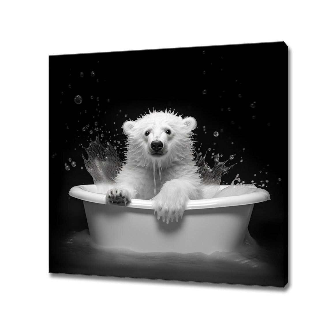 Cute Polar Bear Cub Splashing In White Bathtub Funny Animal Photo Print