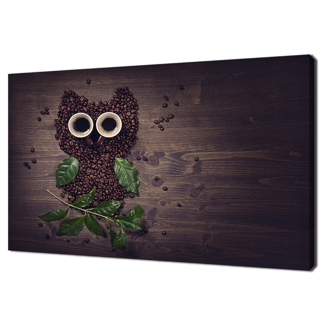 Owl Made of Coffee Beans and Cups on Dark Wood Kitchen Wall Art Poster