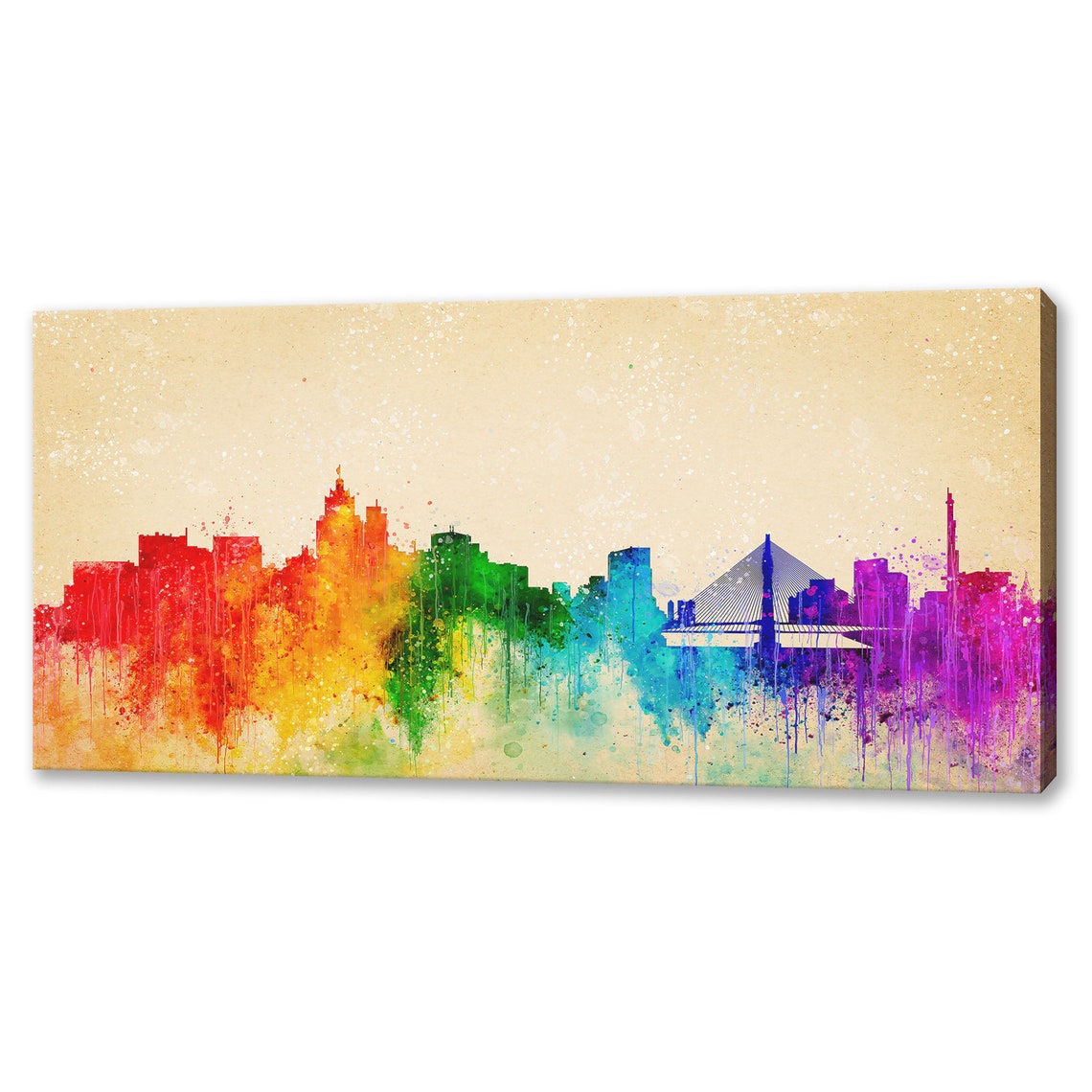 Vibrant City Skyline Cable Stayed Bridge Rainbow Watercolour Wall Art
