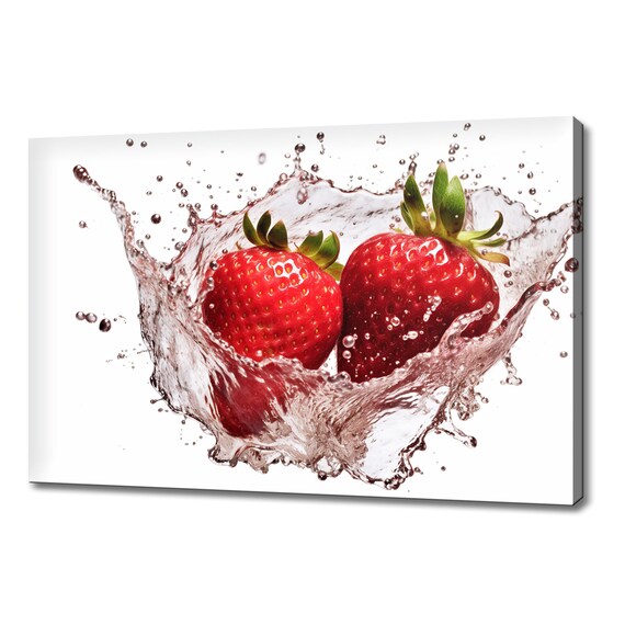 Red Strawberries Fruits Water Splash Print Colourful Kitchen Wall Art Fruit Print Modern Kitchen Restaurant Wall Decor