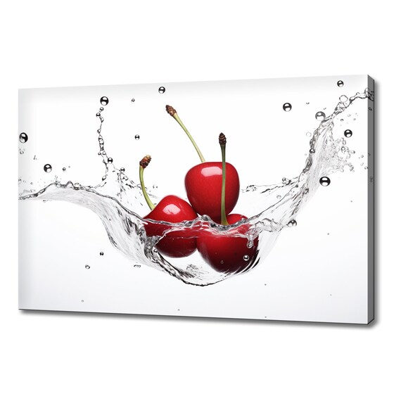 Red Cherry Fruits Water Splash Print Colourful Kitchen Wall Art Fruit Print Modern Kitchen Restaurant Wall Decor