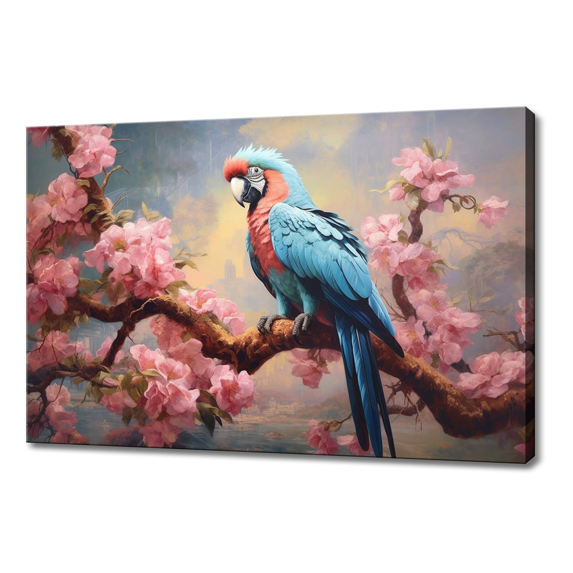 Blue And Red Macaw Parrot On Blossoming Branch Tropical Bird Poster