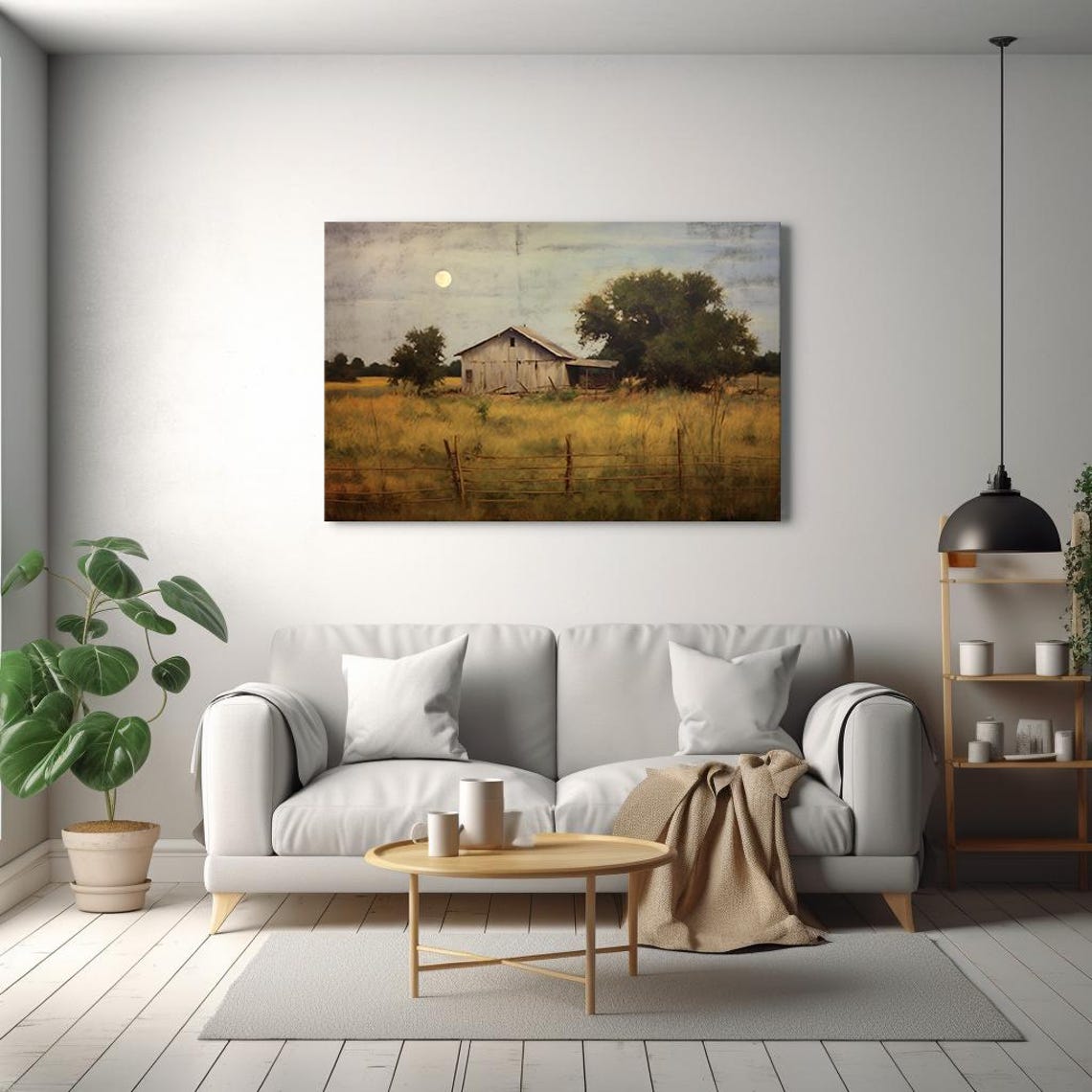 Rustic Barn Moonlit Field Night Farm Golden Meadow Vintage Poster - Image 2