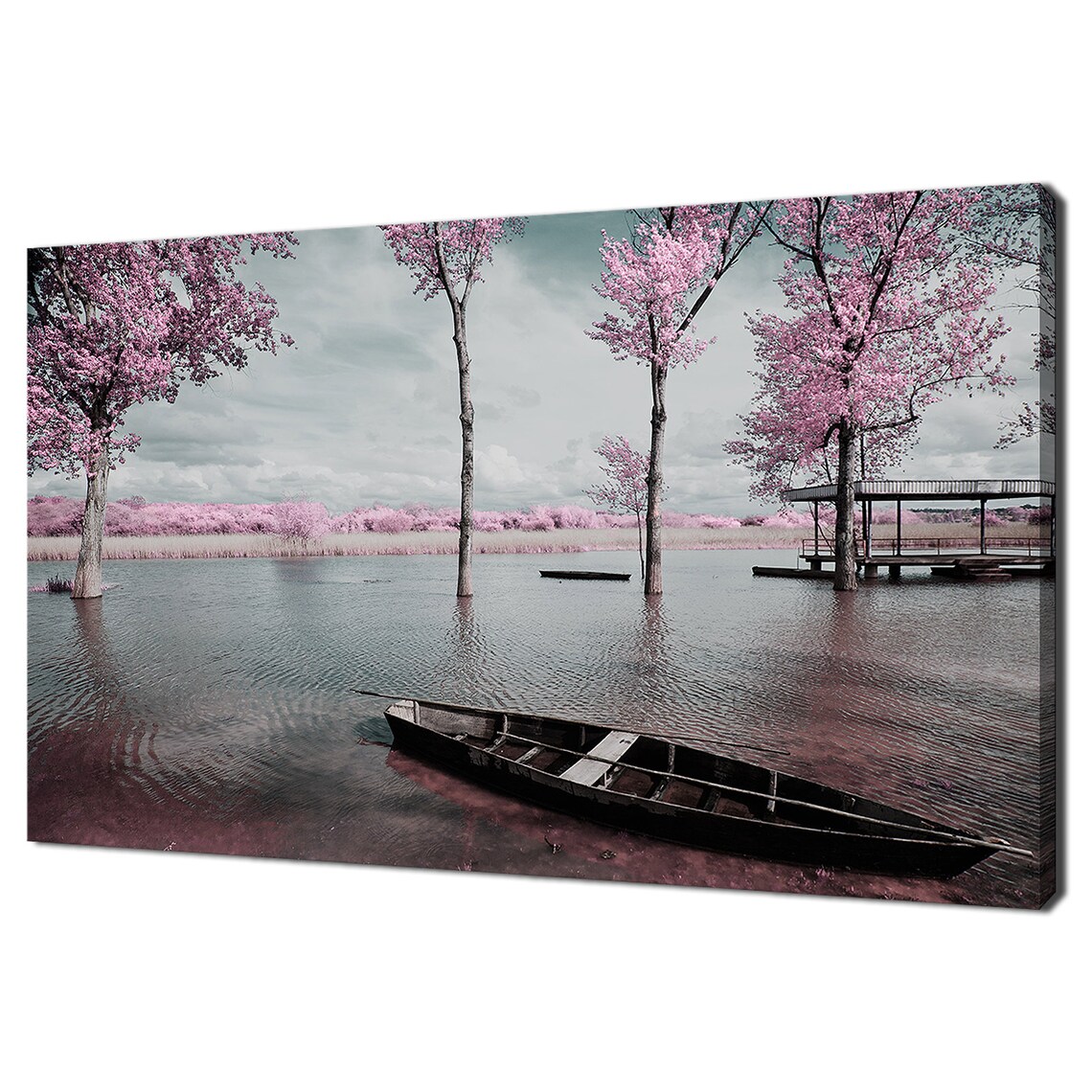 Pink Blossom Trees Flooded Lake Rowboat Infrared Photo Poster