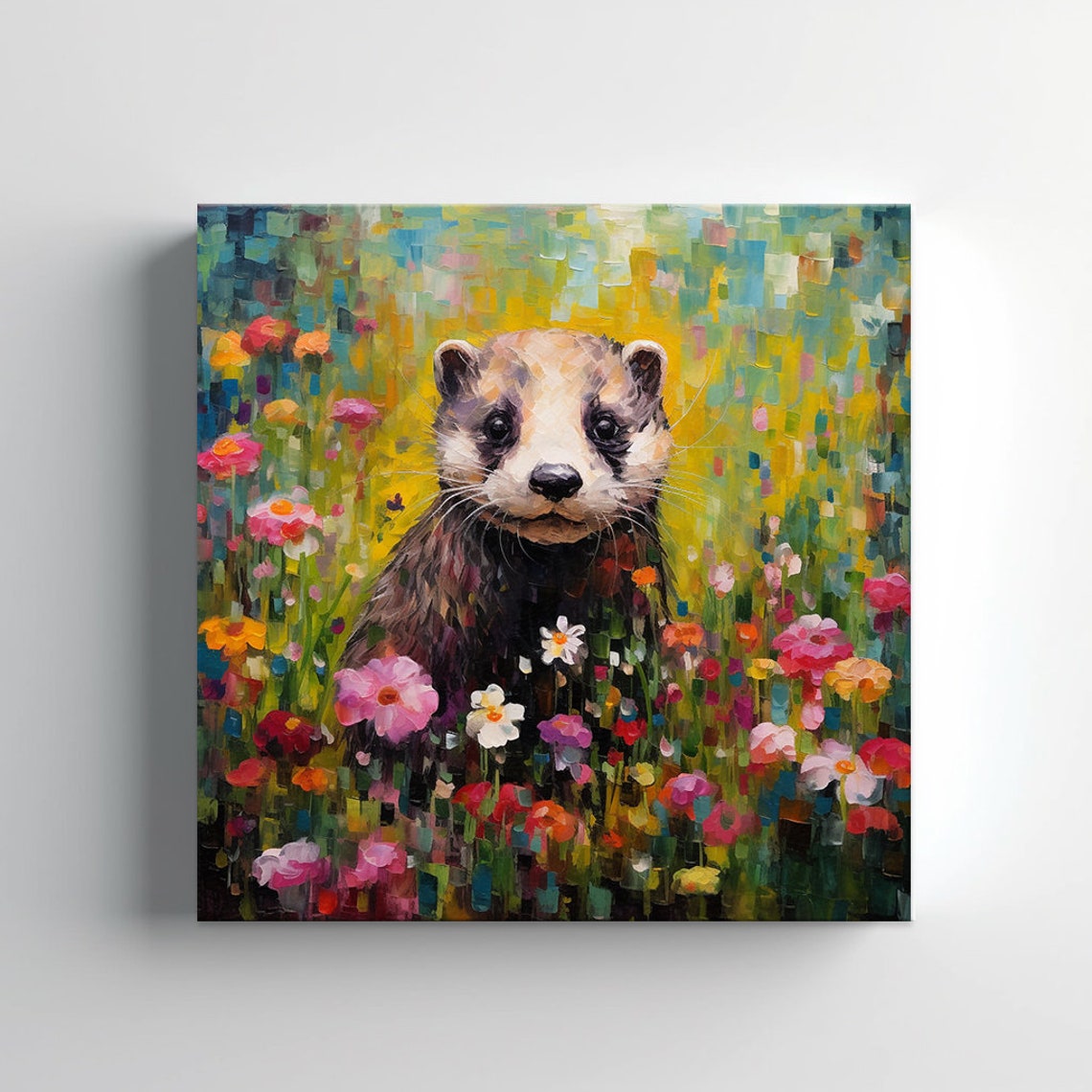 Cute Ferret In Flowers Field Animal Print Gift For Ferret Lover Colourful Ferret Portrait Painting Print Ferret Pet Wall Art - Image 3