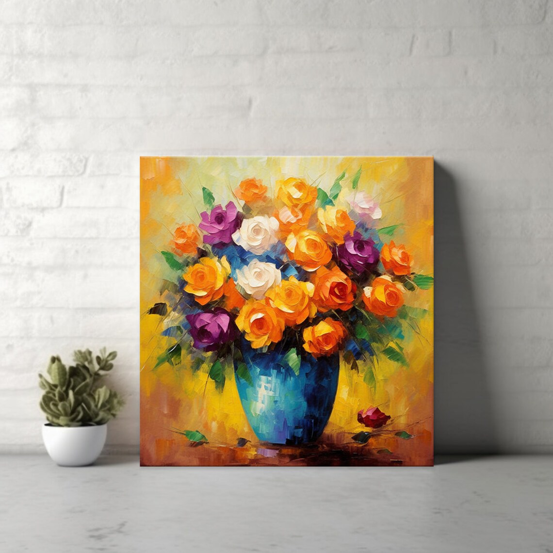 Colourful Roses Bouquet in Blue Vase Oil Painting Floral Art Poster - Image 4