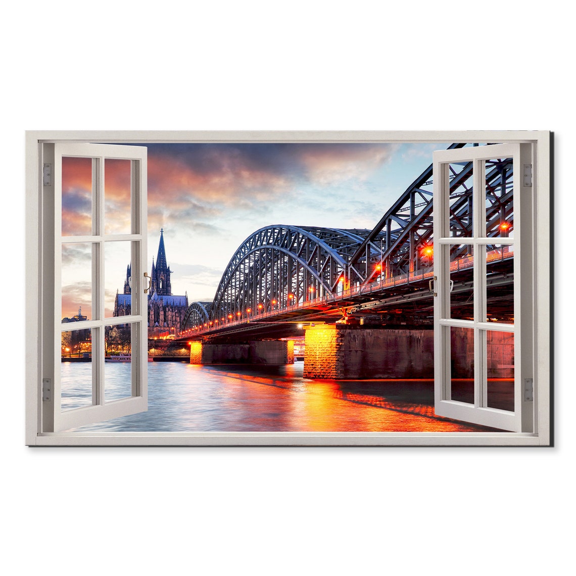 Sunset Over Cologne Cathedral Hohenzollern Bridge Window View Window Frame Style Modern Design Home Decor Print Wall Art Picture