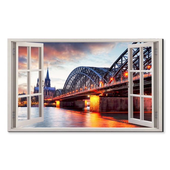 Sunset Over Cologne Cathedral Hohenzollern Bridge Window View Window Frame Style Modern Design Home Decor Print Wall Art Picture