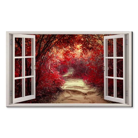 Path In The Red Jungle Forest Window View Window Frame Style Modern Design Home Decor Print Wall Art Picture Ready To Hang