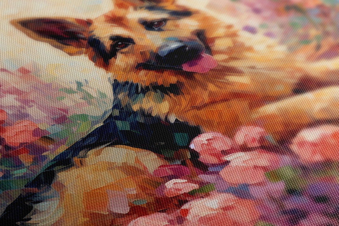 German Shepherd Puppy Lying Among Pink Flowers Painting Poster - Image 4