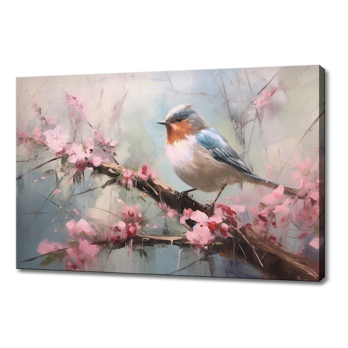 Small Bluebird White Breast Orange Throat Cherry Blossom Art Poster