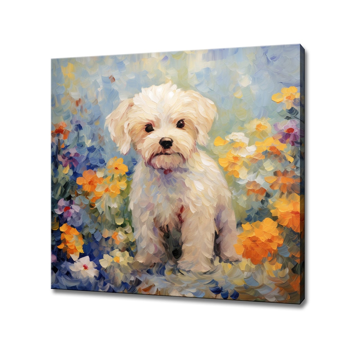 Fluffy White Maltipoo Puppy in Wildflower Garden Painting Poster