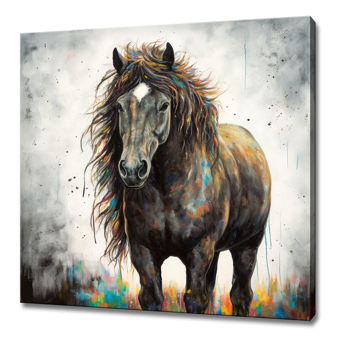 Dark Black Horse with Rainbow Mane Watercolor Splash Horse Art Poster