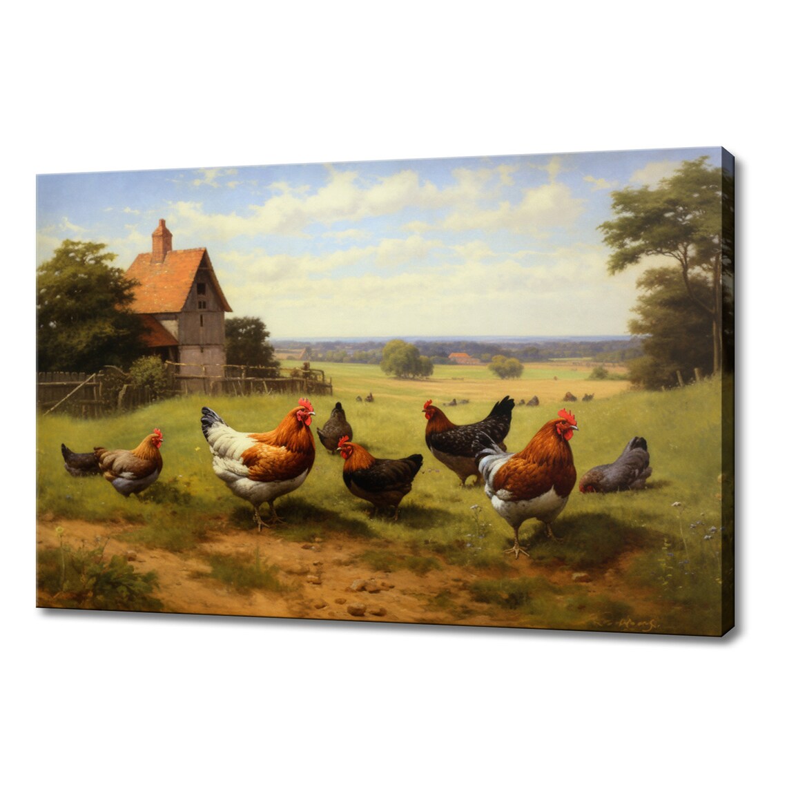 Vintage Farmhouse Chickens Flock Green Pasture Painting Art Poster