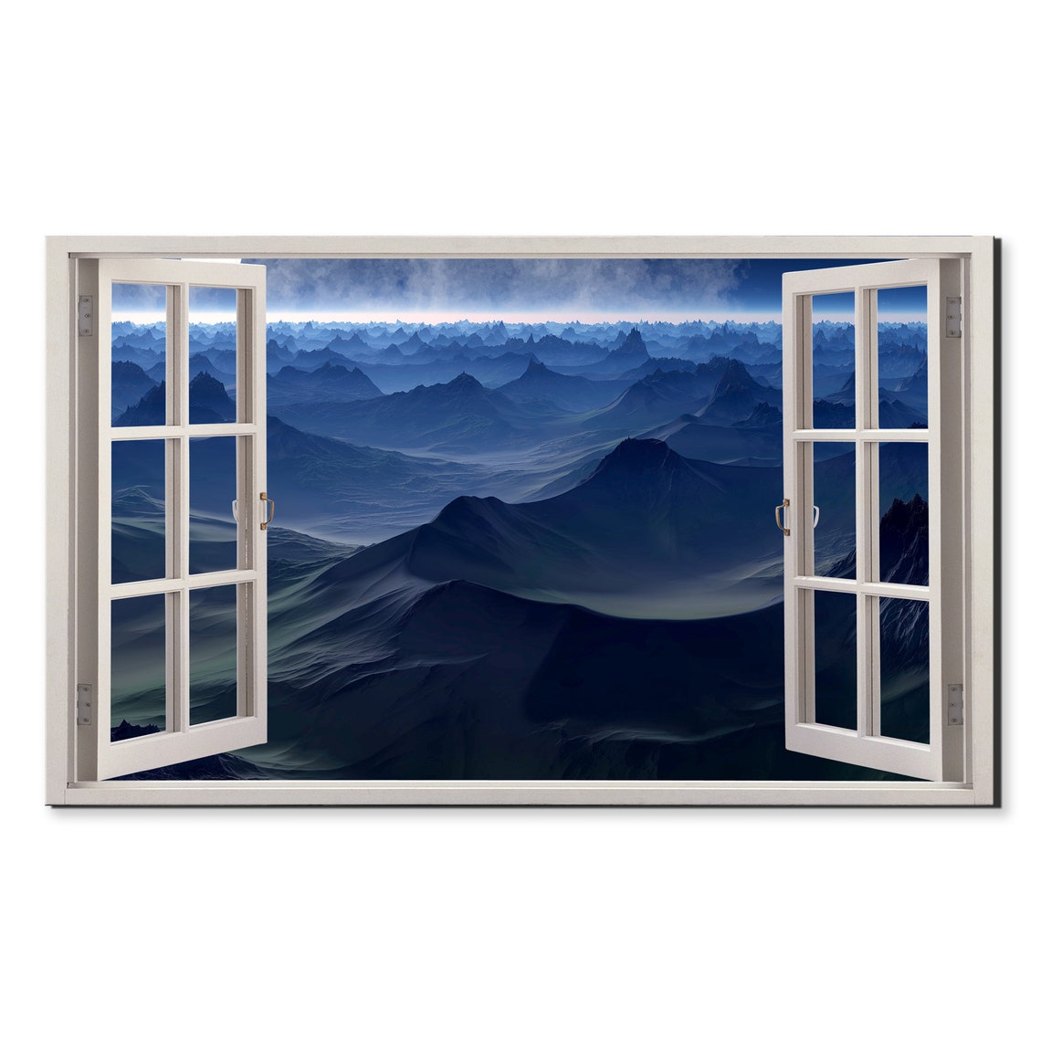 Foggy Blue Mountains Morning Window View Window Frame Style Modern Design Home Decor Print Wall Art Picture Ready To Hang