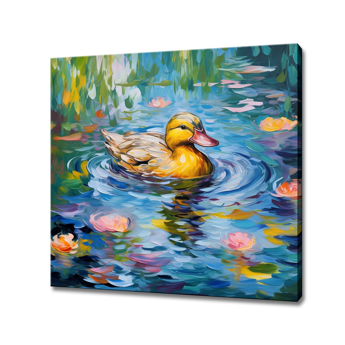 Yellow Duck Swimming In Lily Pond Impressionist Water Bird Poster