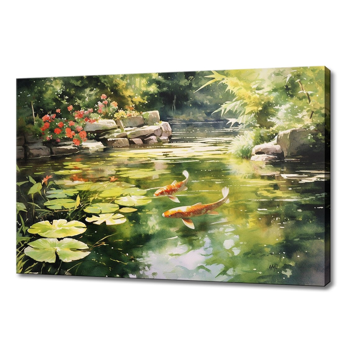 Two Koi Fish Swimming In Lily Pond Watercolor Garden Painting Poster