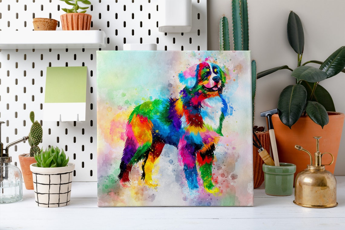 Bernese Mountain Dog Rainbow Watercolor Full Body Standing Pose Poster - Image 2