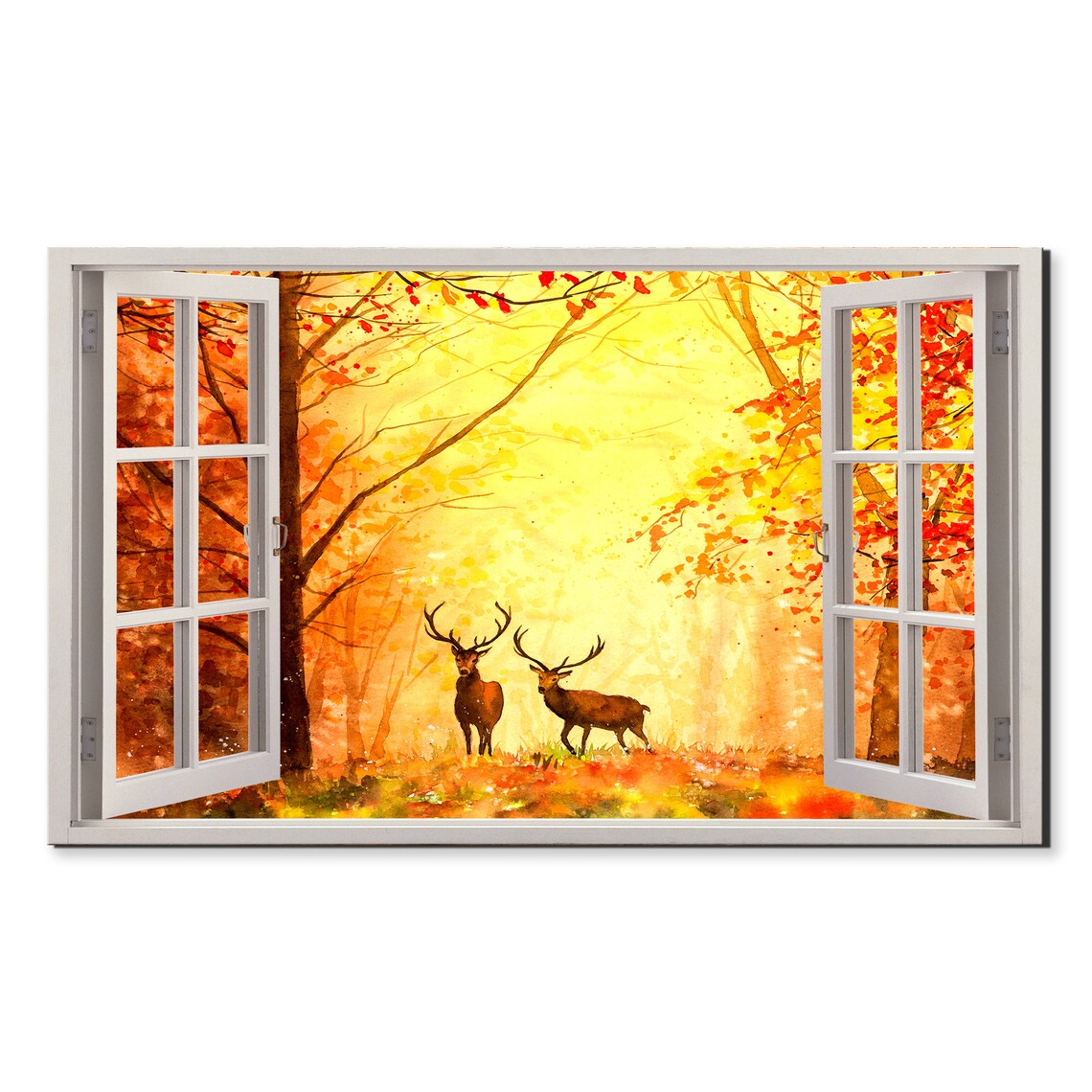 Two Deer Stags In A Golden Autumn Forest Window View Wall Art Poster