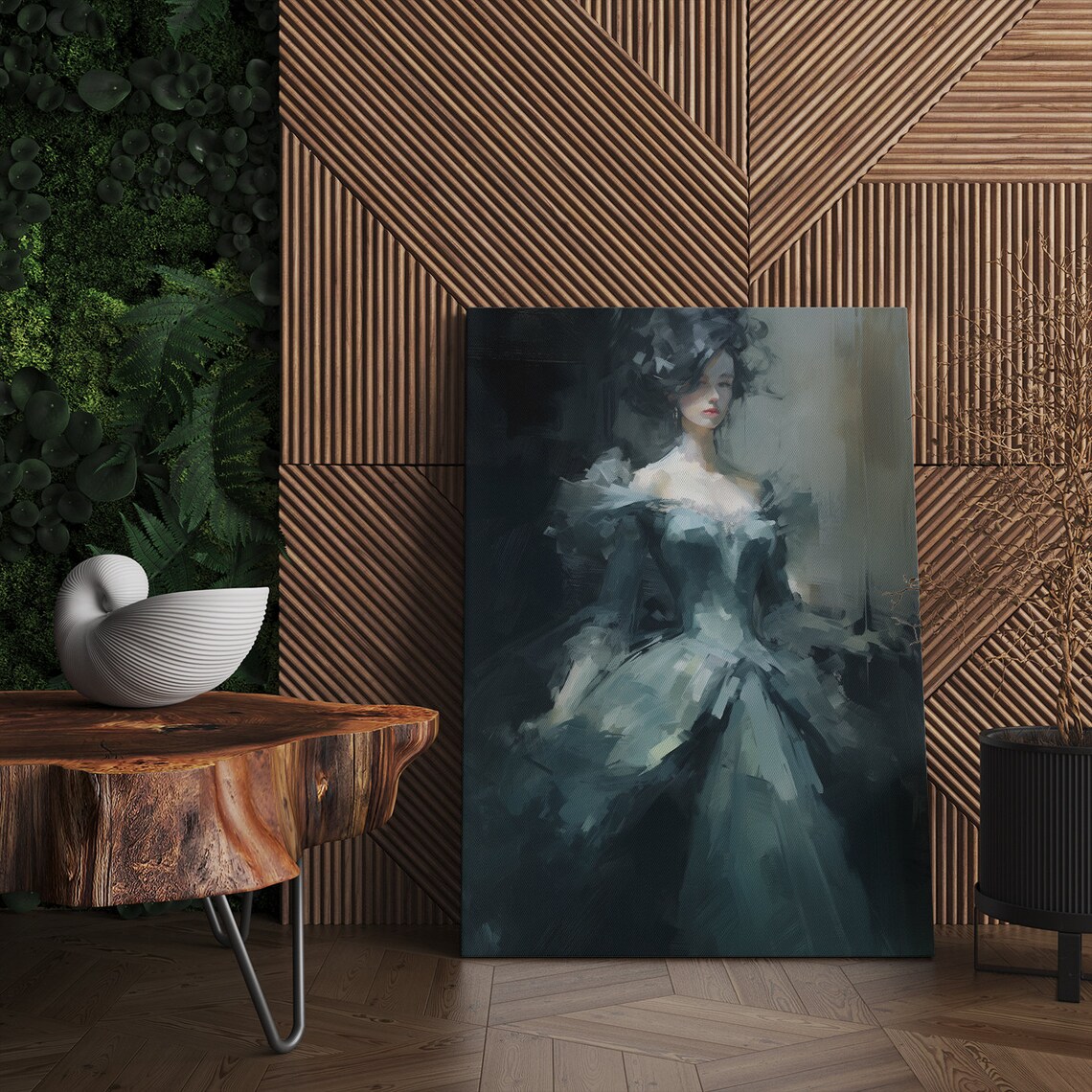 Elegant Lady In Blue Grey Victorian Baroque Puffy Dress Moody Wall Art - Image 4