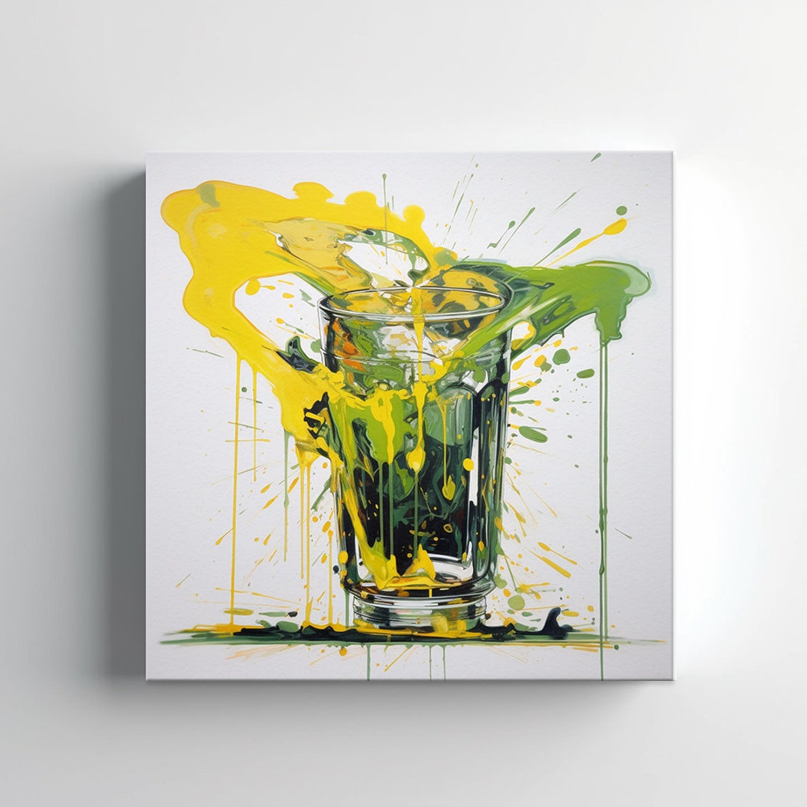 Abstract Paint Splash Cocktail Glass Yellow Green Kitchen Art Print - Image 3