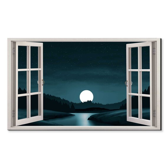Full Moon Over The Forest Abstract Window View Window Frame Style Modern Design Home Decor Print Wall Art Picture Ready To Hang