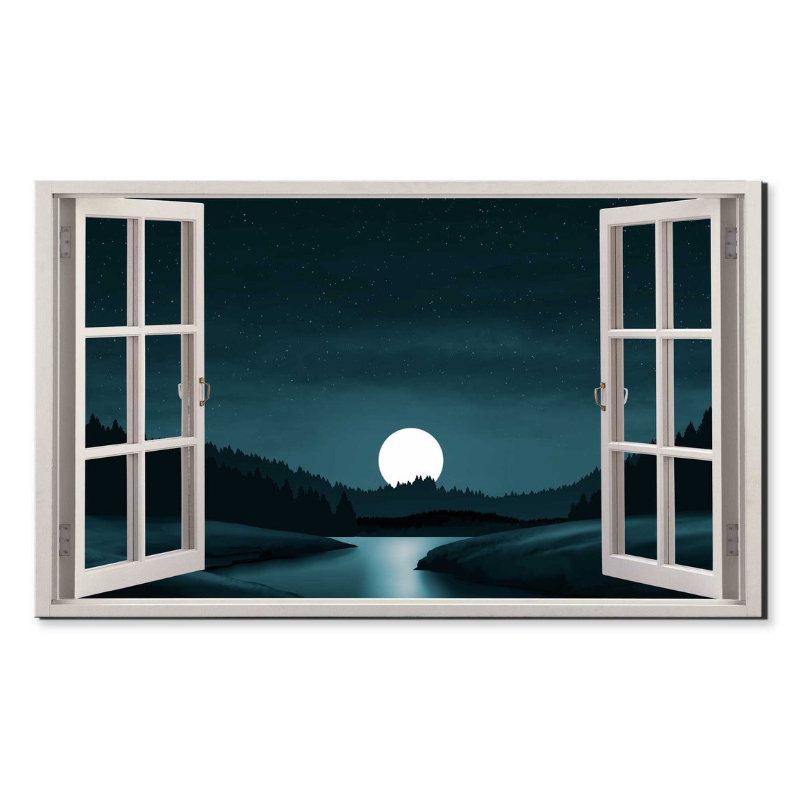Full Moon Rising Over Dark Forest River Night Open Window View Poster