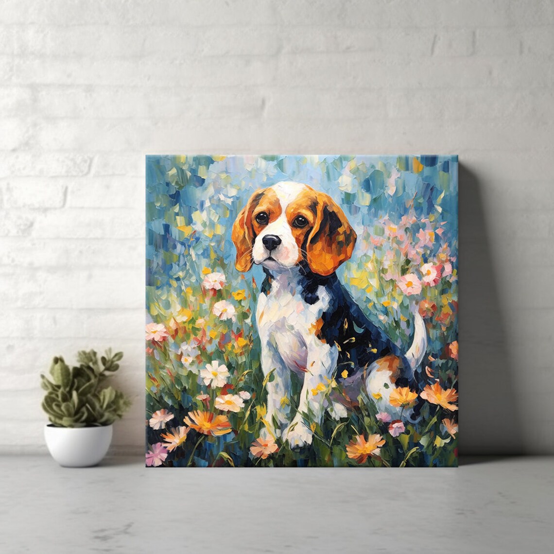 Cute Beagle Puppy In Colorful Flower Garden Painting Pet Art Print - Image 3