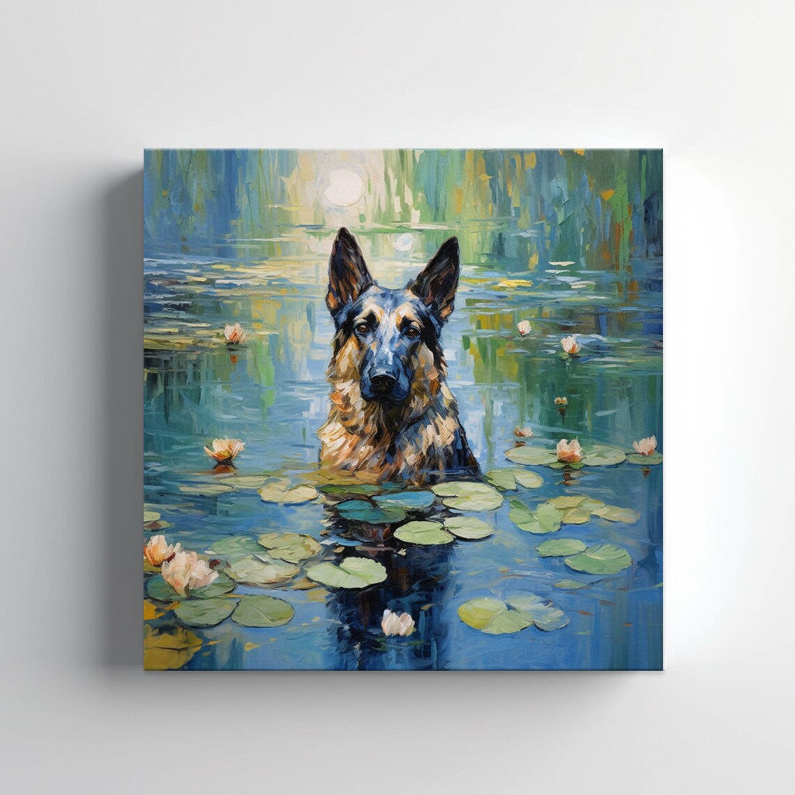 German Shepherd Dog Swimming In A Lily Pond Painting Art Poster - Image 3