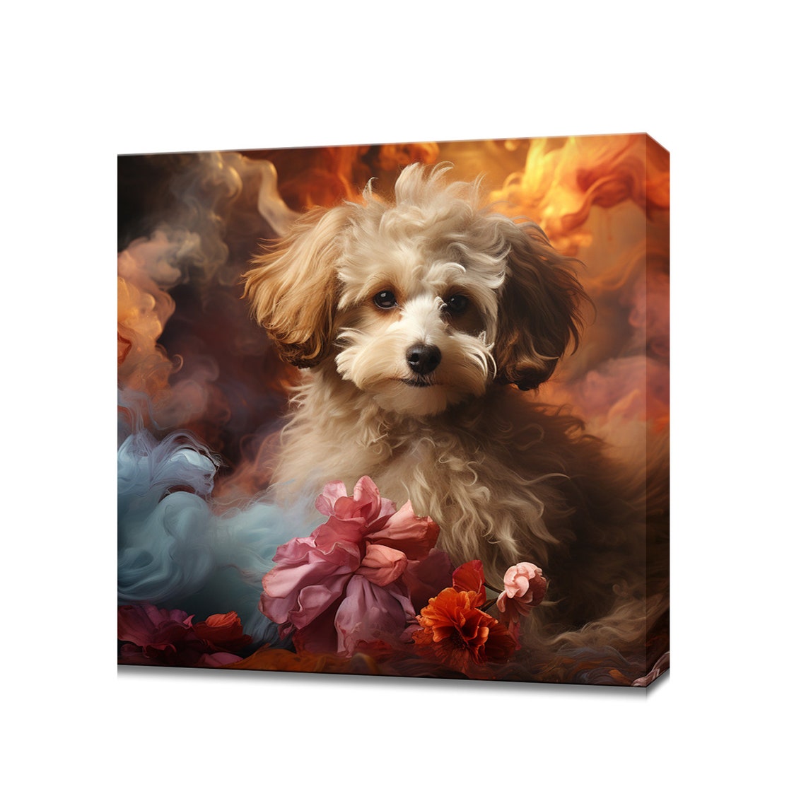 Brown And Cream Poodle Puppy Among Flowers And Colorful Clouds Poster