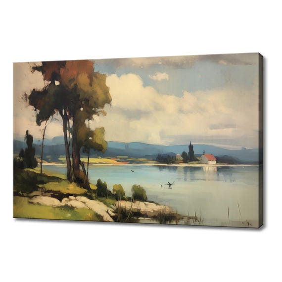 Cottage By The Lake Vintage Spring Landscape Painting Style Print Farmhouse Decor Art Nature Picture Wall Hanging Fine Art Print