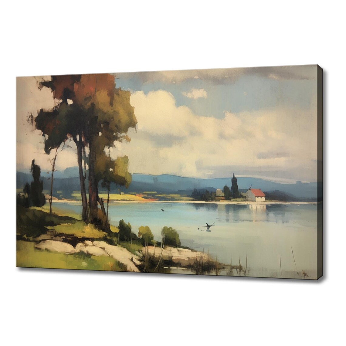 Cottage By The Lake Spring Trees Shore Ducks Vintage Painting Poster