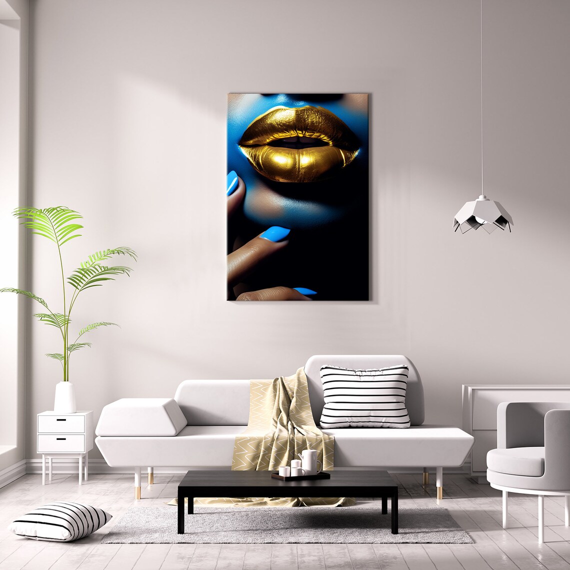 Shimmering Gold Lips on Dark Blue Beauty Portrait Fashion Art Poster - Image 3