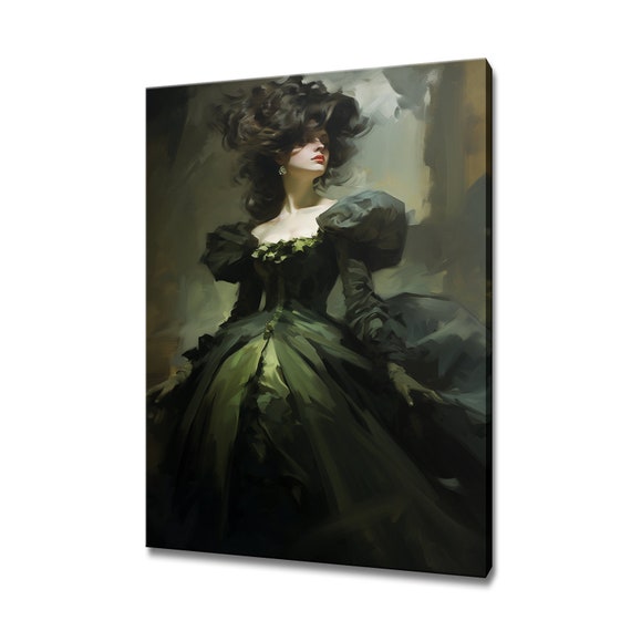 Elegant Lady In Green Baroque Victorian Puffy Dress Painting Style Print Gift For Her Modern Design Home Decor Fashion Wall Art