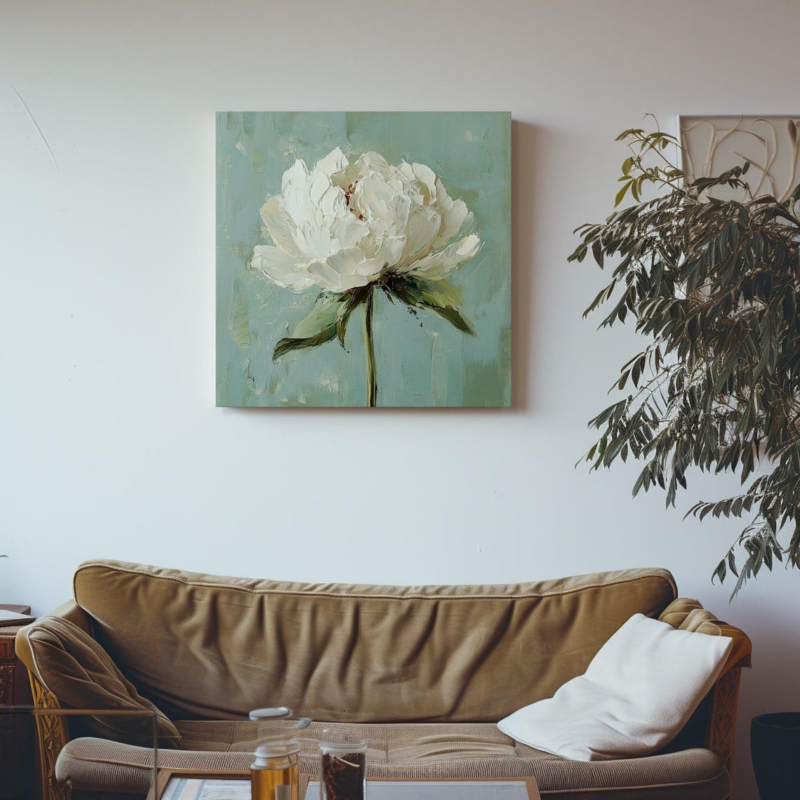 Single White Peony Bloom Sage Background Painterly Floral Art Poster - Image 2
