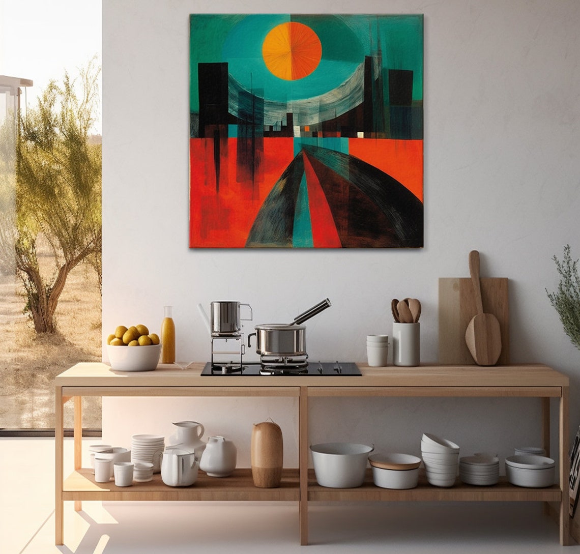 Abstract Orange Sun Over Dark City Geometric Bold Cityscape Wall Art - Image 3