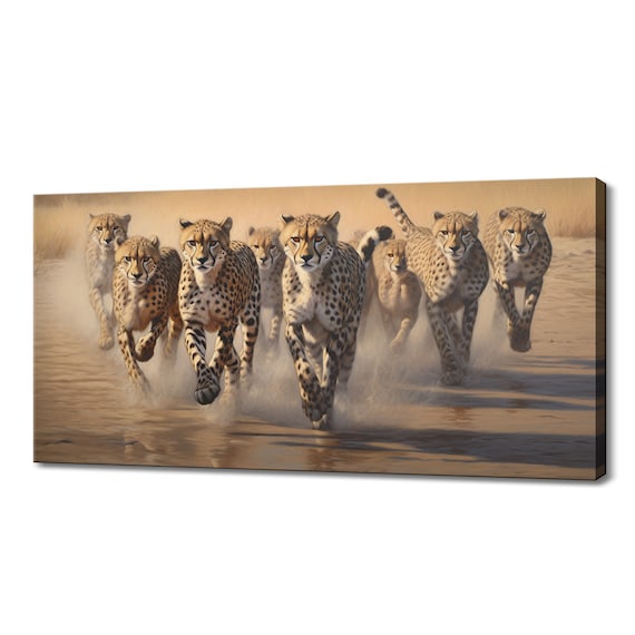 Cheetahs Running Through Water Dust Golden Painted Big Cats Wildlife Print