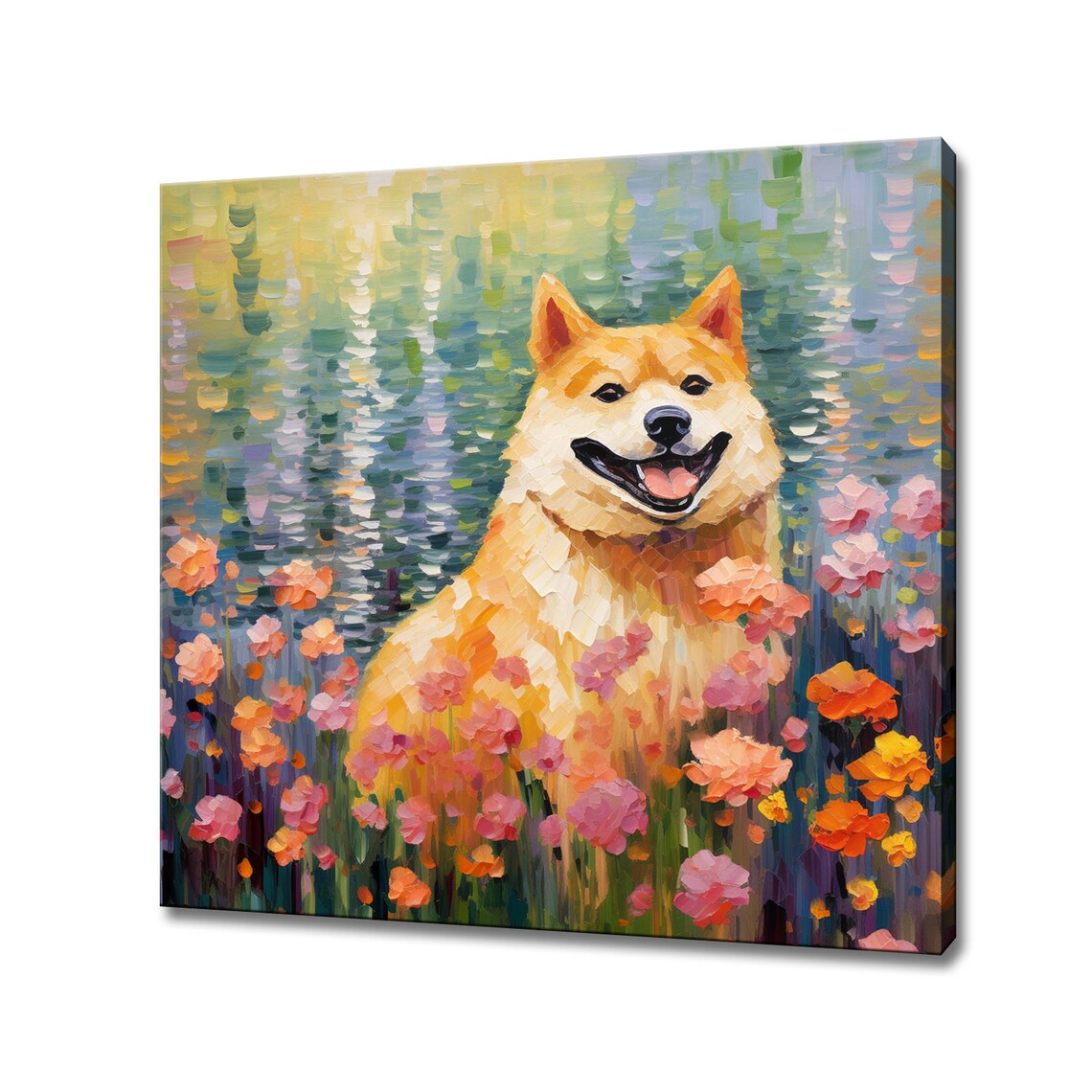 Smiling Shiba Inu In Flower Field Colorful Happy Dog Portrait Poster