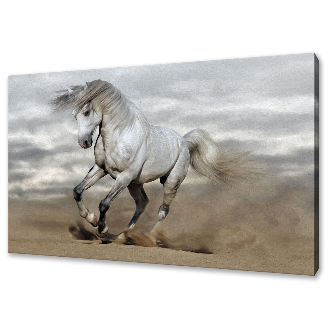 Silver Gray Horse Galloping in Desert, Oil Painting Art Print
